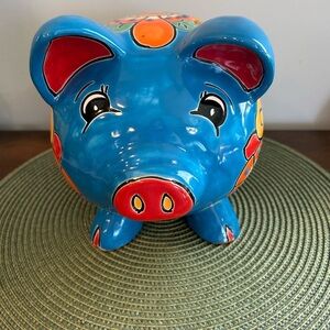 NEW Blue /Flower Mexican Talavera Hand Painted Piggy Bank Clay Colorful Folk Art